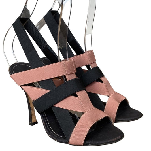 MANOLO BLAHNIK Black & Pink Elastic Bands, Cork Sole Slingback Sandals, Size 36