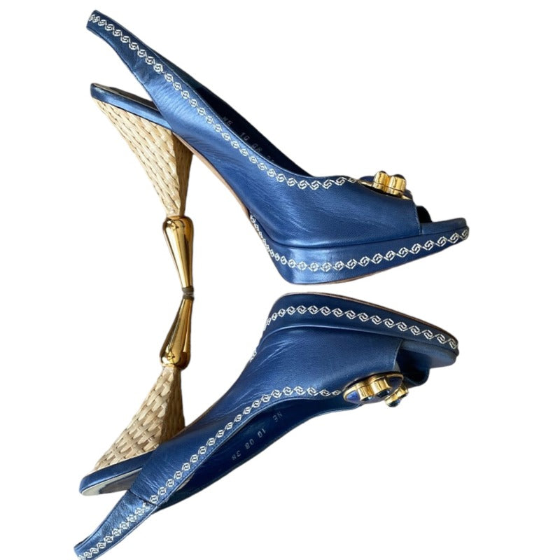 CHRISTIAN DIOR Navy Leather Blue Jeweled, Straw & Gold Heels Slingbacks Size 38