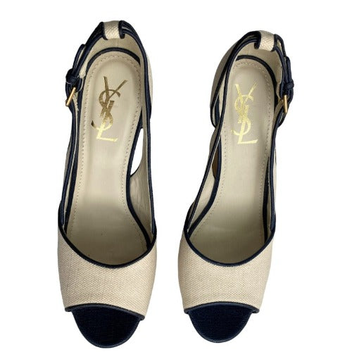 NEW YVES SAINT LAURENT Deauville Canvas Peep Toe Wedge Cork Sandals Ivory, Size 40