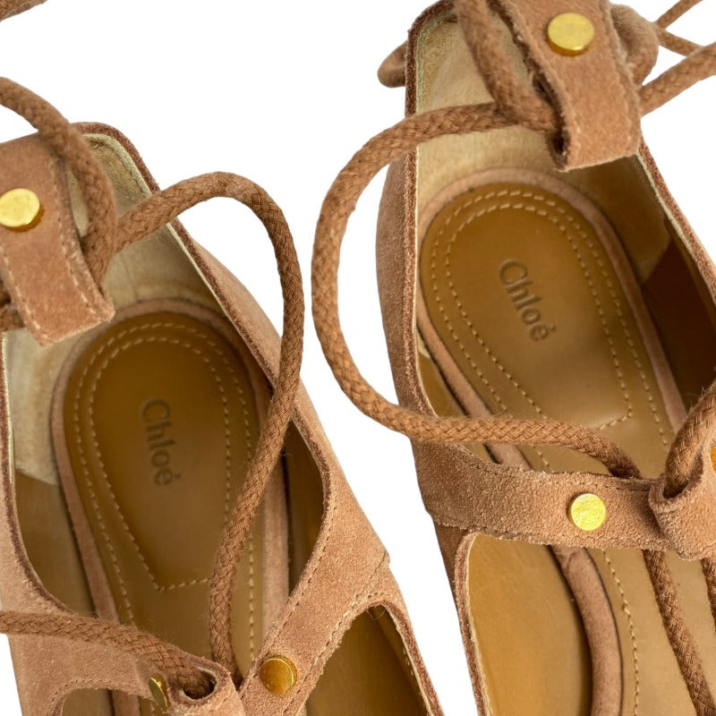 CHLOE Foster Camel Suede Lace-Up Ballerina Flat Ballet Shoes, Size 37.5