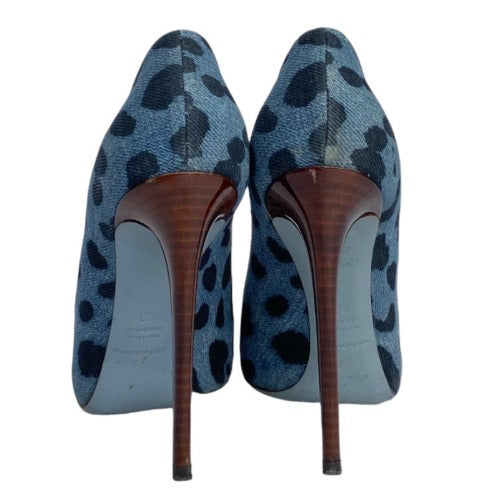 DOLCE & GABBANA Blue/Black Leopard Print Denim Wooden Heels Pumps, Size 38