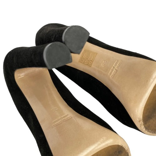 MIU MIU Black Suede Platform Peep Toe Pumps, Size 39
