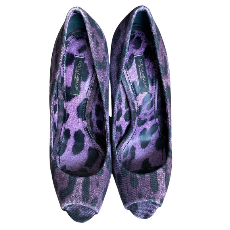 DOLCE & GABBANA Purple/Black Leopard Print Denim Peep Toe Pumps, Size 36.5