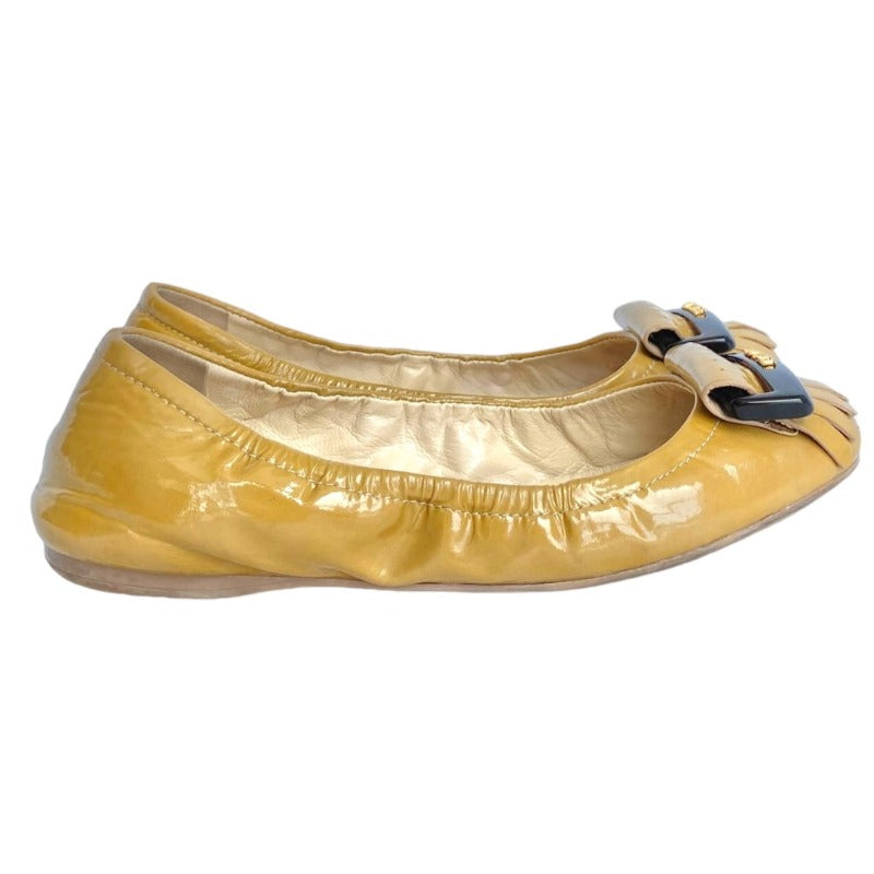 PRADA Yellow Patent Leather, Logo Buckle Fringe, Round Toe Ballet Flats, Size 36