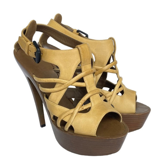 BOTTEGA VENETA Cream Leather Strappy ,Wooden Platform, Heel Sandals, Size 38