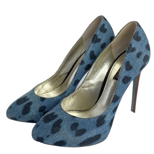 DOLCE & GABBANA Blue/Black Leopard Print Denim Wooden Heels Pumps, Size 38