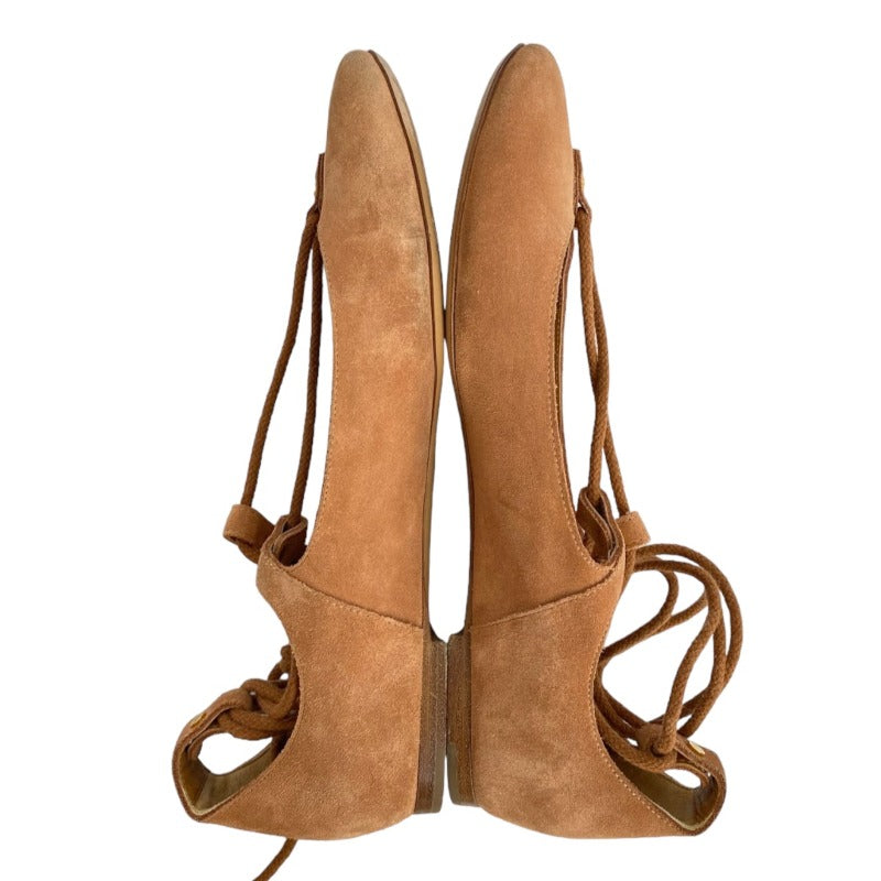 CHLOE Foster Camel Suede Lace-Up Ballerina Flat Ballet Shoes, Size 37.5