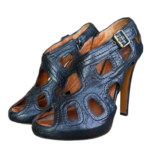 GIVENCHY Black Leather Cutout Platform Peep Toe Pumps Cage Booties, Size 39