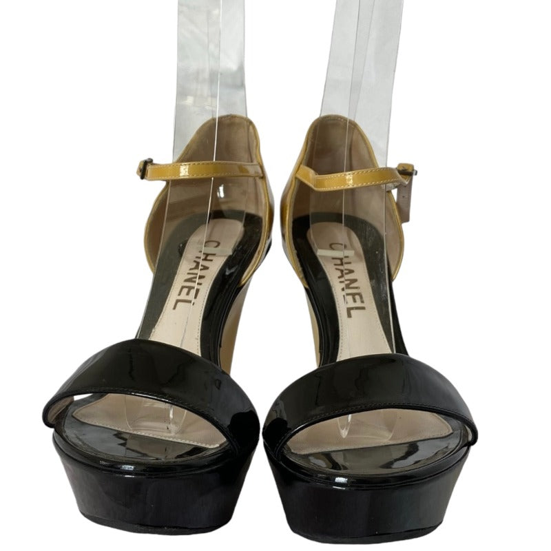 CHANEL Black Yellow Patent Leather Platform Wedges by Karl Lagerfeld, Size 37