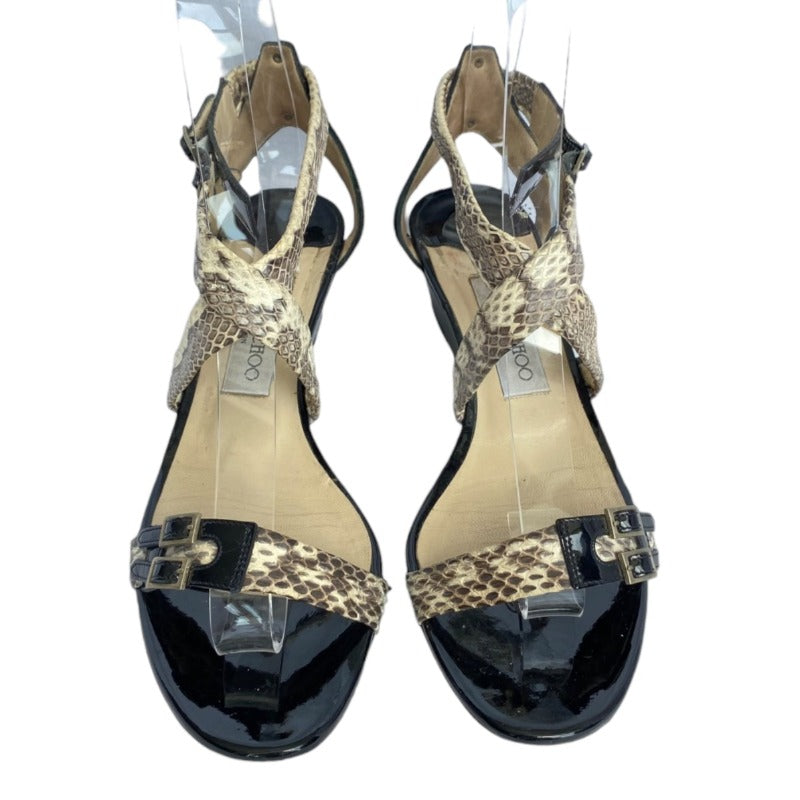 JIMMY CHOO Chiara Python & Black Patent Leather Strappy Demi Wedge Sandals, 38