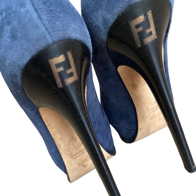 FENDI Navy Suede, Leather Cap Toe , FF Logo Hidden Platform Pumps, Size 38.5