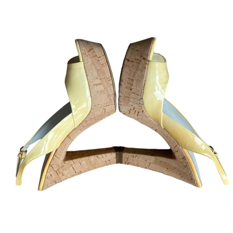 GUCCI Yellow Patent Leather Cork Peep Toe Platform Slingback Sandals, Size 36