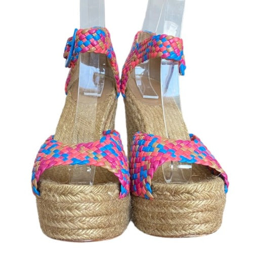 HERMES Multicolor Braided Leather Ankle Strap Espadrille Wedges Sandals, Size 40