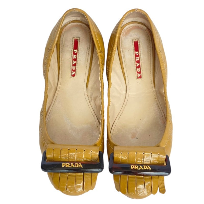 PRADA Yellow Patent Leather, Logo Buckle Fringe, Round Toe Ballet Flats, Size 36