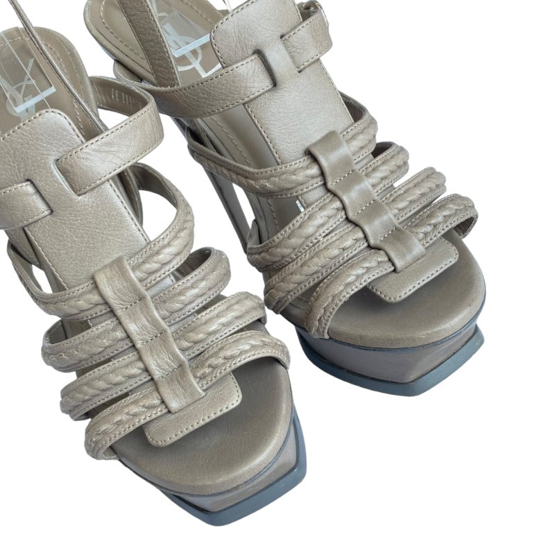 YVES SAINT LAURENT Gray Leather Strappy Slingback Platforms Sandals, Size 38.5