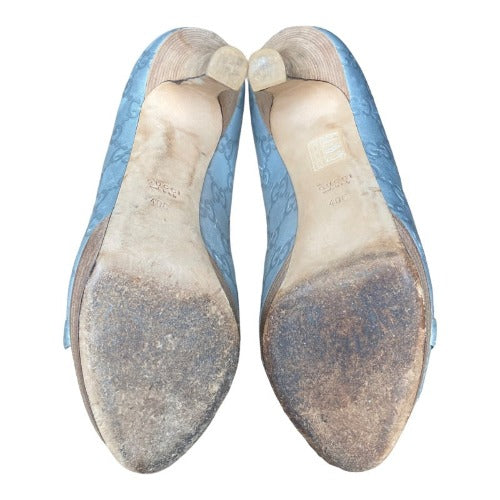 GUCCI Guccissima Silver GG Logo Leather Horsebit Platform Peep Toe Pumps, Size 40