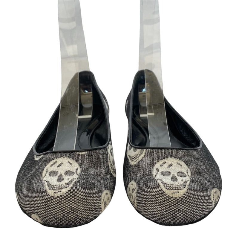 ALEXANDER MCQUEEN Skull Printed Black Round Toe Canvas Ballet Flats, Size 40.5