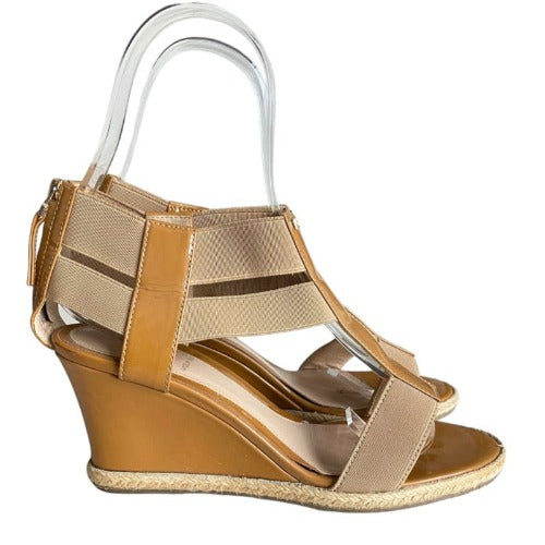 FENDI Beige Patent Leather and Elastic T-Strap Espadrille Wedge Sandals, Size 36