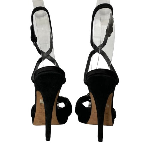 NEW DOLCE GABBANA Black Rhinestone Suede Ankle Strap Heeled Sandals, Size 36