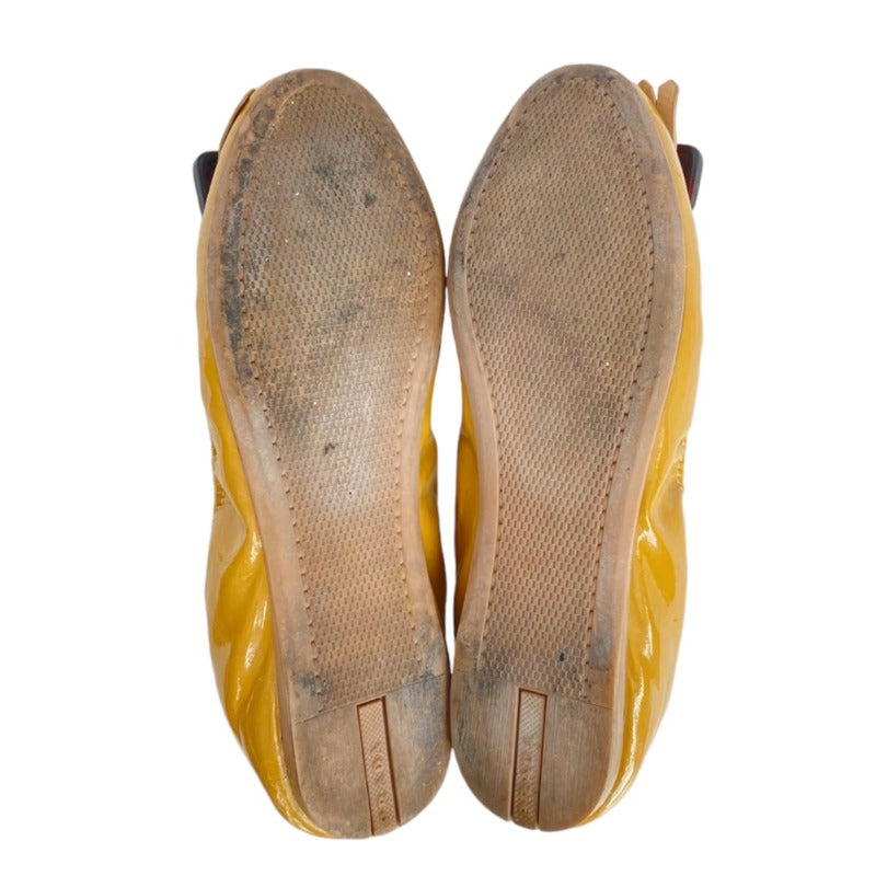 PRADA Yellow Patent Leather, Logo Buckle Fringe, Round Toe Ballet Flats, Size 36
