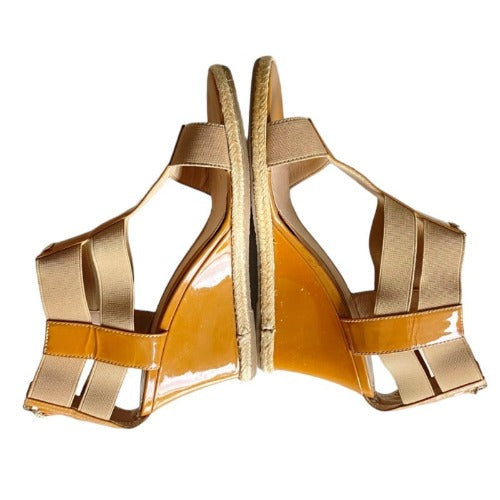 FENDI Beige Patent Leather and Elastic T-Strap Espadrille Wedge Sandals, Size 36