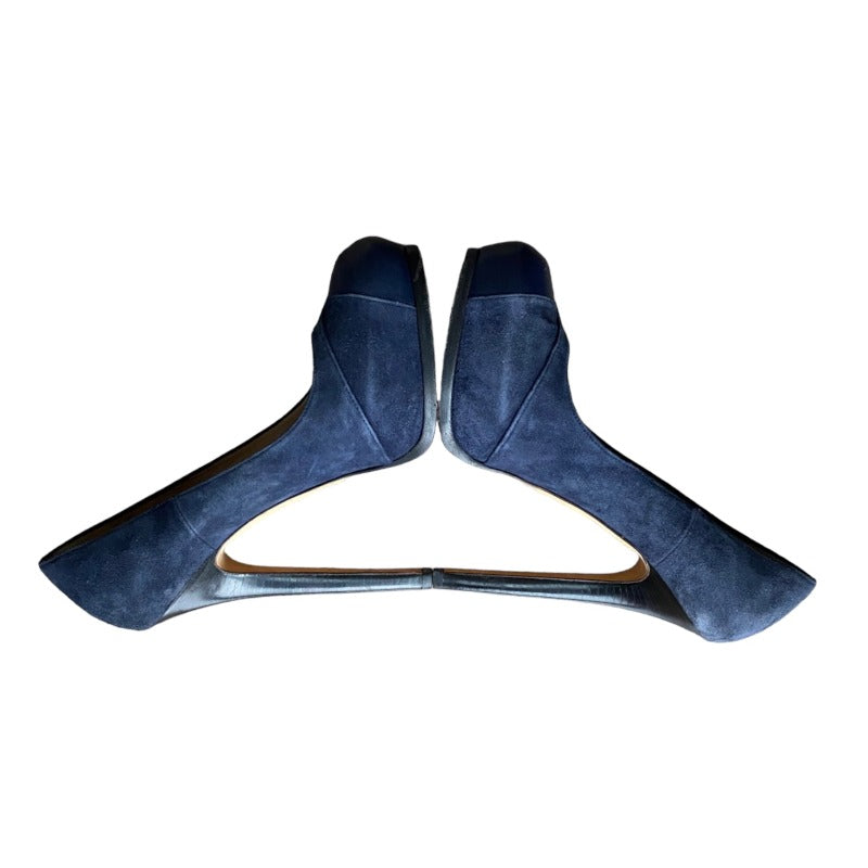 FENDI Navy Suede, Leather Cap Toe , FF Logo Hidden Platform Pumps, Size 38.5