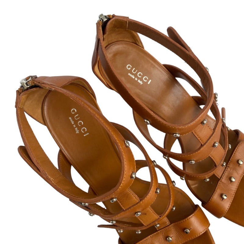 GUCCI Brown Leather, Studded, Strappy Gladiator Heeled Sandals, Size 39.5