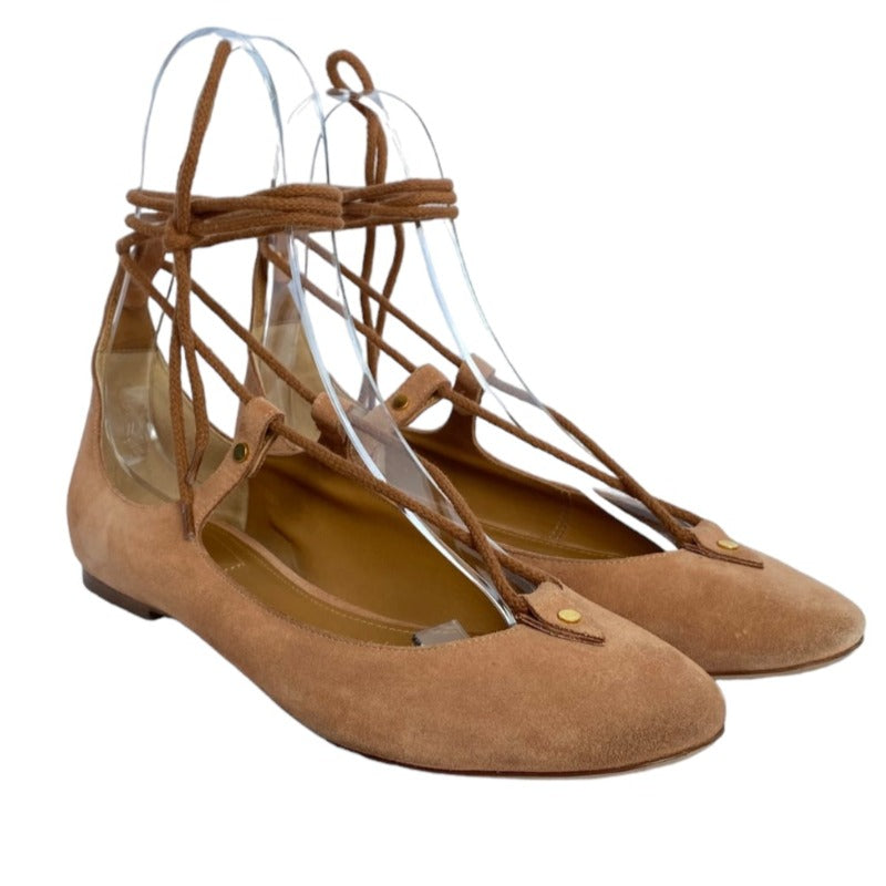 CHLOE Foster Camel Suede Lace-Up Ballerina Flat Ballet Shoes, Size 37.5