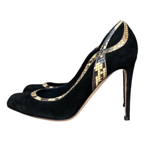 NEW GIANVITO ROSSI Black Suede Python Trimmed Pointed Toe Pumps, Size 39