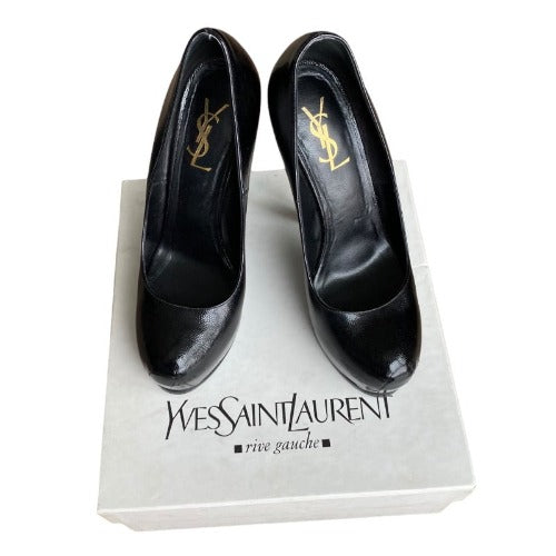 YSL YVES SAINT LAURENT Black Leather Tribtoo Tribute Platform Pumps Size 37.5