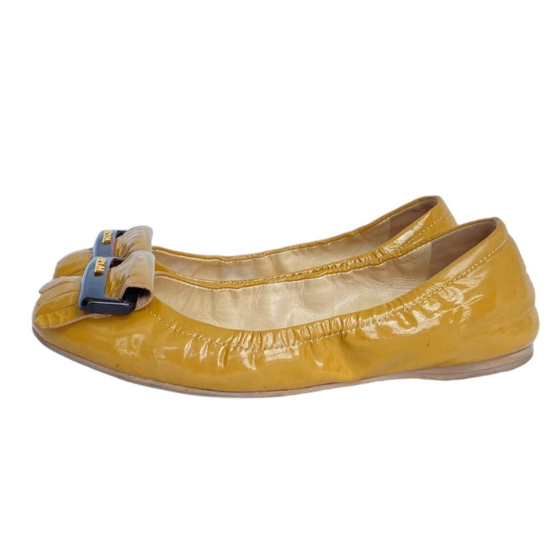 PRADA Yellow Patent Leather, Logo Buckle Fringe, Round Toe Ballet Flats, Size 36