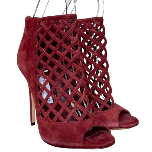 JIMMY CHOO Burgundy Suede Drift Cutout Peep-Toe Booties, Size 39