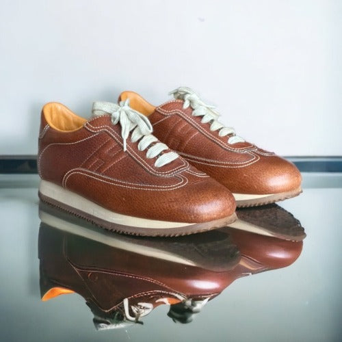 NEW HERMES Brown Leather Quick Lace Up Sneakers Size 41