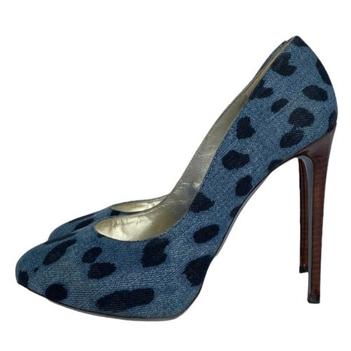 DOLCE & GABBANA Blue/Black Leopard Print Denim Wooden Heels Pumps, Size 38
