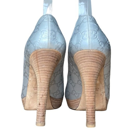 GUCCI Guccissima Silver GG Logo Leather Horsebit Platform Peep Toe Pumps, Size 40