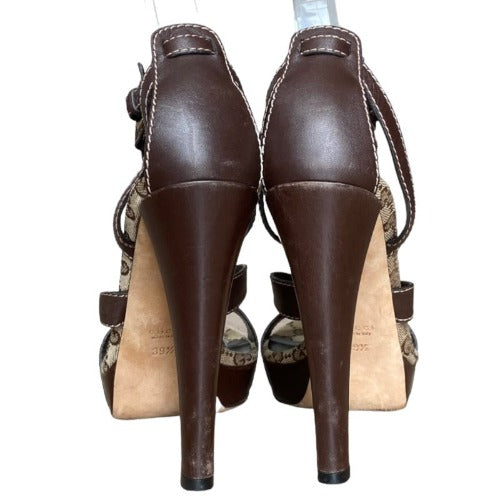 GUCCI Brown Leather Icon GG Canvas Bit Ankle Strap Platform Sandals, Size 39.5