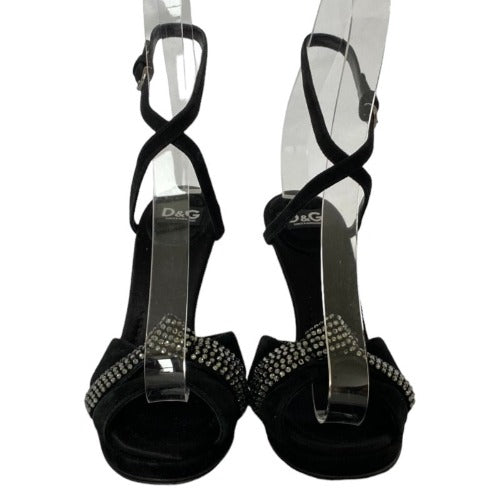 NEW DOLCE GABBANA Black Rhinestone Suede Ankle Strap Heeled Sandals, Size 36