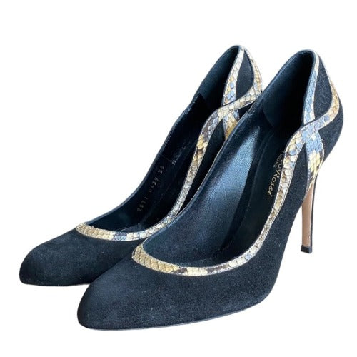 NEW GIANVITO ROSSI Black Suede Python Trimmed Pointed Toe Pumps, Size 39