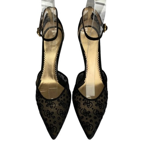 GIORGIO ARMANI Black Mesh Slingback Gold Heels Pointed Toe Pumps, Size 38.5