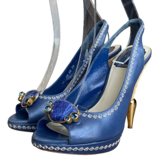 CHRISTIAN DIOR Navy Leather Blue Jeweled, Straw & Gold Heels Slingbacks Size 38