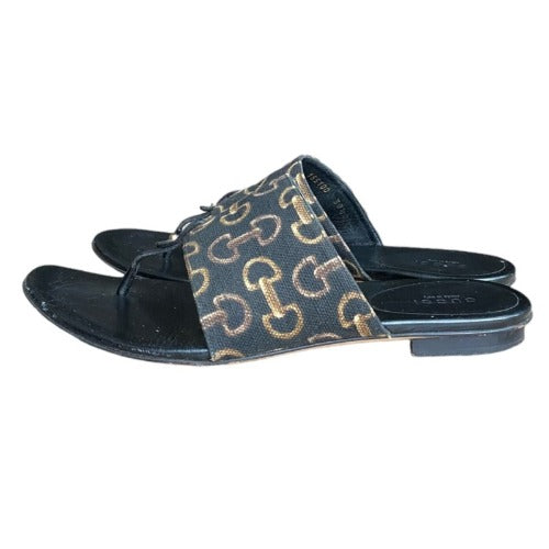 GUCCI Black Brown Horsebit Pattern Canvas Leather Flat Thong Sandals, Size 38.5