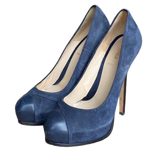 FENDI Navy Suede, Leather Cap Toe , FF Logo Hidden Platform Pumps, Size 38.5