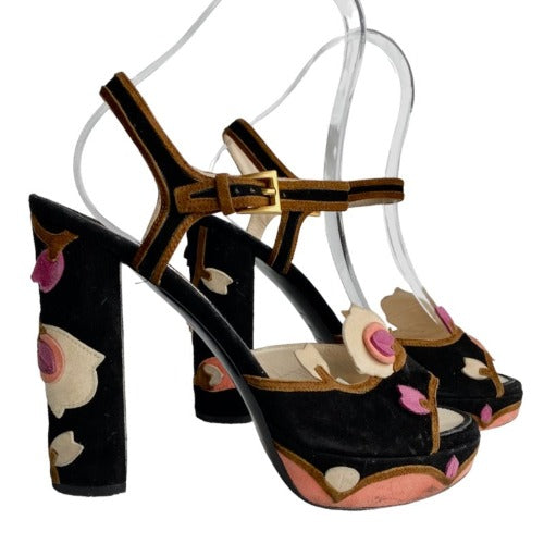 PRADA Floral Black  Suede High Heel Platform Sandals, Size 40.5