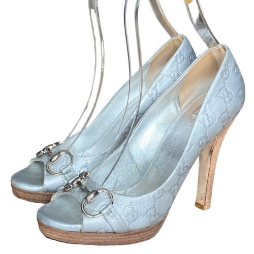GUCCI Guccissima Silver GG Logo Leather Horsebit Platform Peep Toe Pumps, Size 40