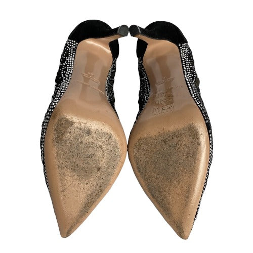 GIORGIO ARMANI Crystal Embellished Black Suede Pointed Toe Laser Cut Pumps, Size 36