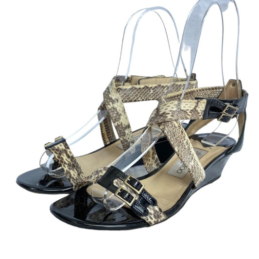 JIMMY CHOO Chiara Python & Black Patent Leather Strappy Demi Wedge Sandals, 38
