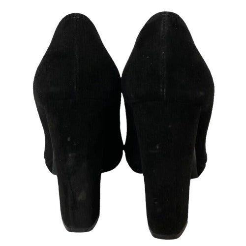 PRADA Black Suede, Logo Buckle & Fringe Block Heel Pumps, Size 35