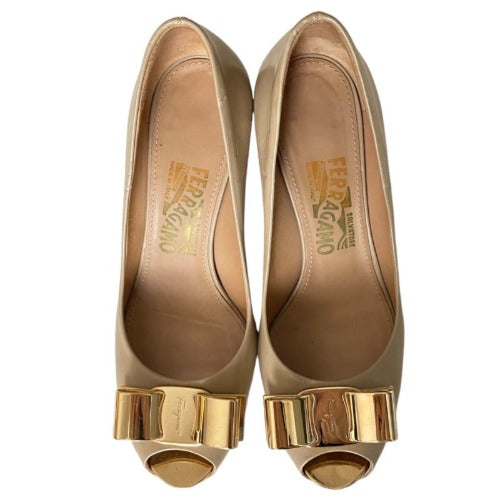 SALVATORE FERRAGAMO Poudre Leather Metal Bow Peep Toe Platform Pumps, Size 36