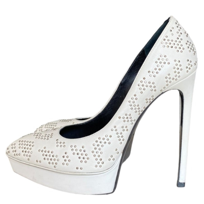 YSL YVES SAINT LAURENT White Leather Studded Janis Platform Pointed Toe Pumps, 37