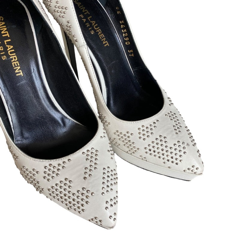 YSL YVES SAINT LAURENT White Leather Studded Janis Platform Pointed Toe Pumps, 37